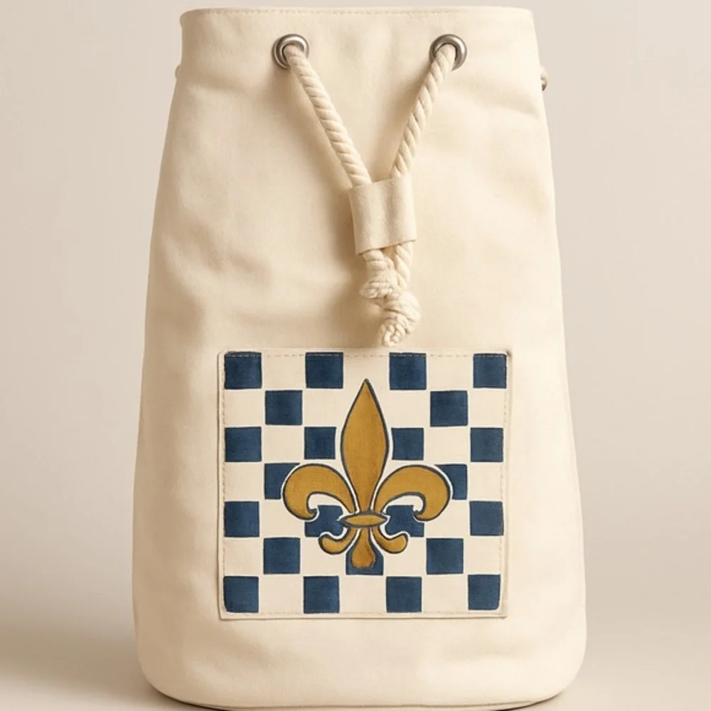 French Inspired Cream and Black Backpack with Rope Drawstring